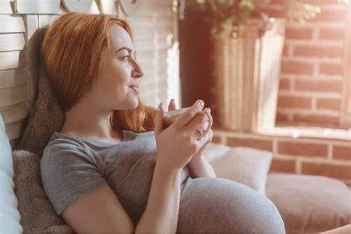 A pregnant woman in grey top gazing out of the window with a cup of tea in her hand