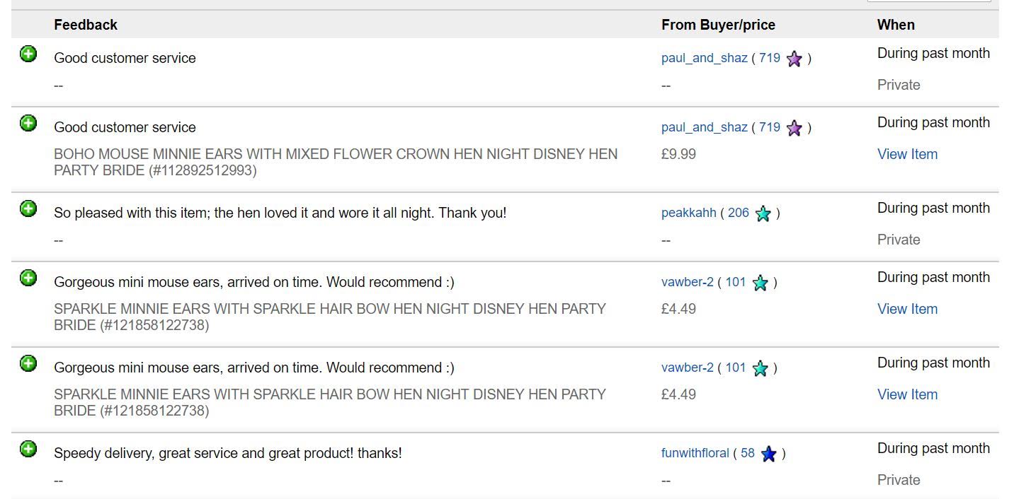 Tutu Factory eBay Feedback Recent