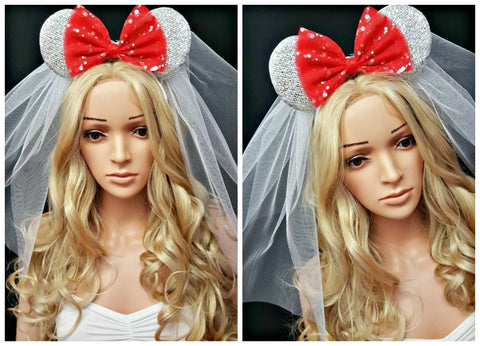 White Minnie Ears Red Bow and Veil Disney Hens