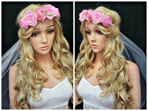 Baby Pink Rose Crown With Veil Hen Weekend