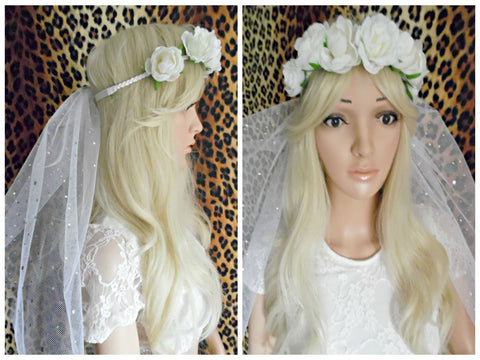 cream flower crown veil festival bride to be beach hen inspo