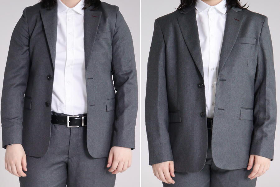 left image shows a sleeve that is too tight on our georgie suit resulting in dimpling at the sleeve. The image on the right shows a shoulder that goes past the shoulder line resulting in a baggy look in the sleeve