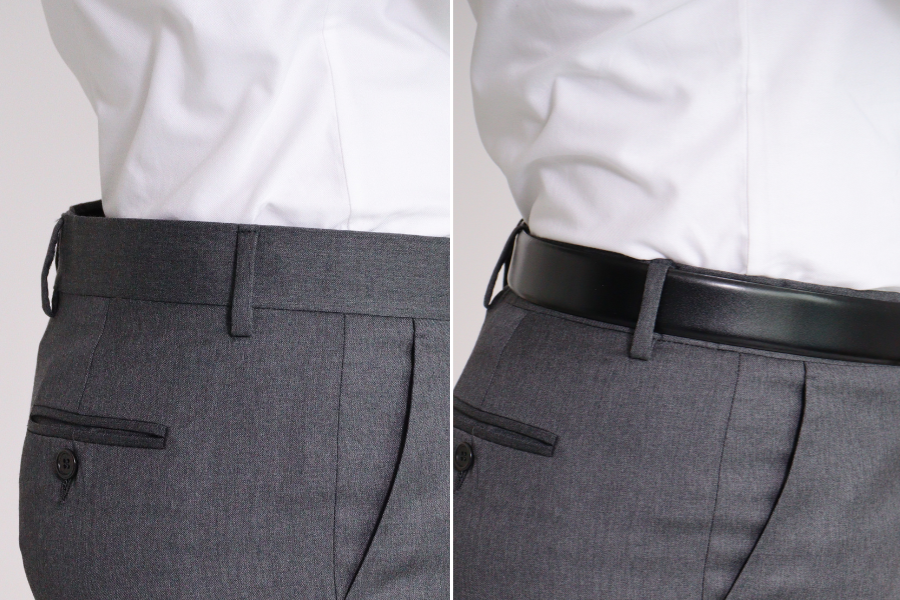 left image shows the waistband on georgie dress pants gaping at the back of the waistband vs the image on the right shows the dress pants worn with a belt