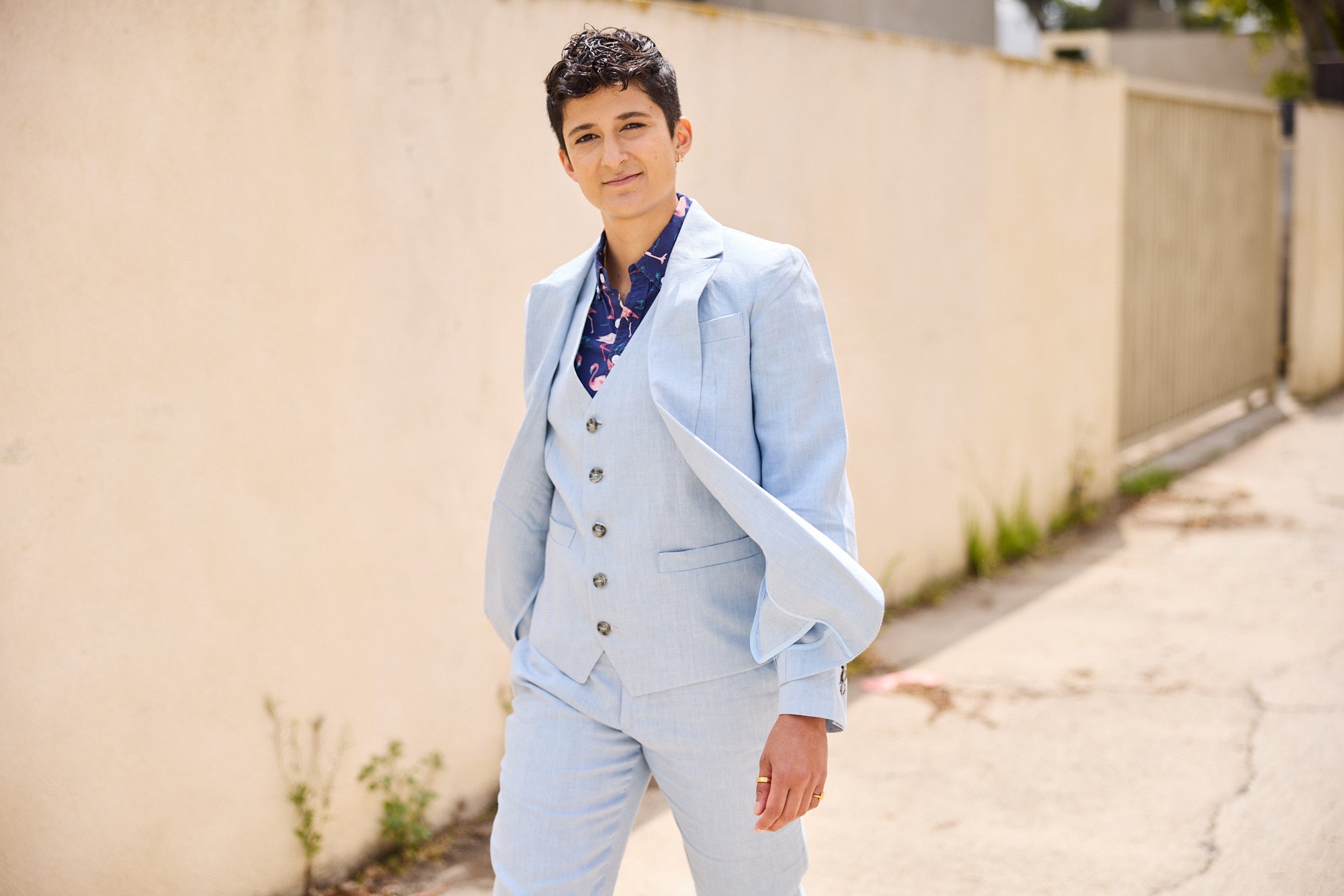 walking out in linen LGBTQ+ suit for women
