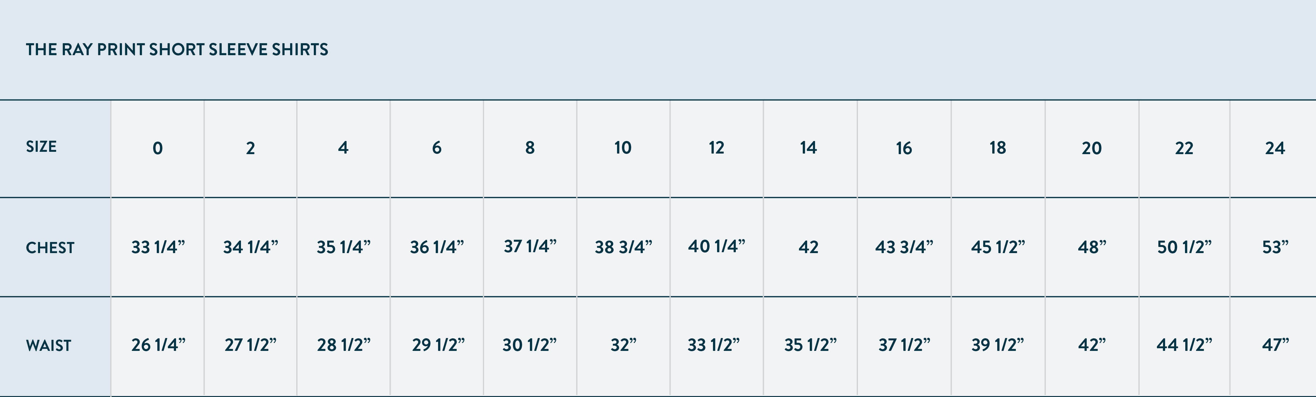 The Ray Print Short Sleeve Shirt Size Chart