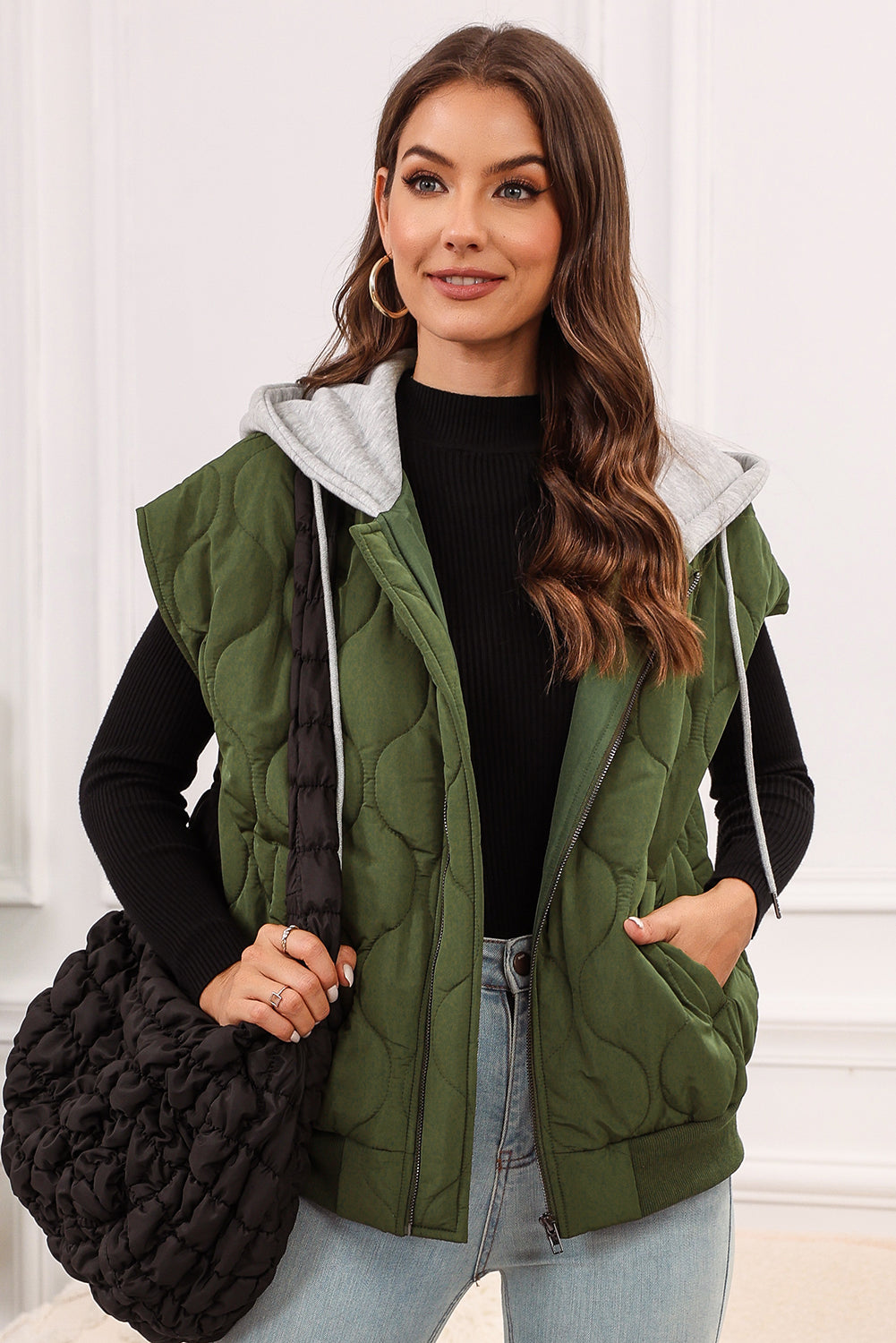 PREORDER Drawstring Zip Up Hooded Vest Coat 2/9