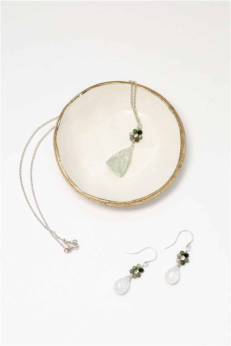 Daisy Drop Earrings in Silver with Green Tourmalines & Moonstones
