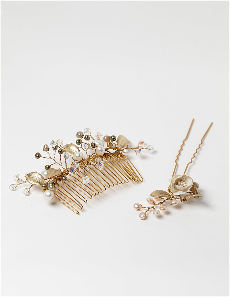 Golden Leaves Hair Comb with Green Pearls