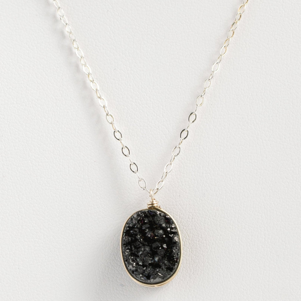 Black Druzy Necklace in Sterling Silver 