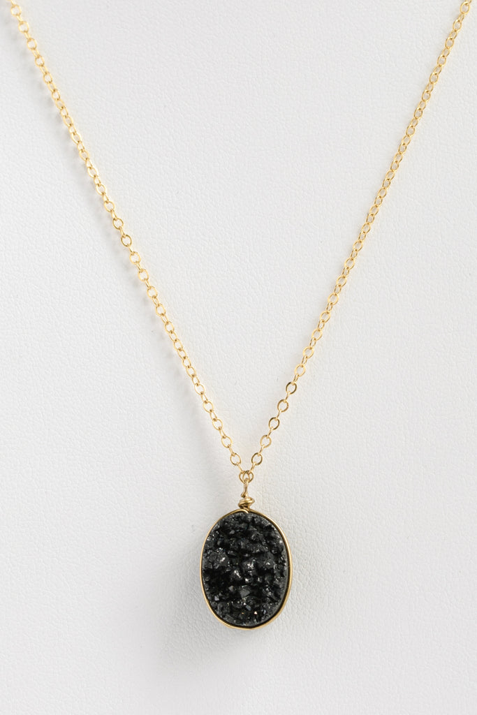 Black Druzy Necklace in Gold, Sparkly 