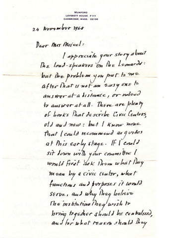 MUMFORD Lewis - Autograph Letter Signed 1968 discussing civic centers and urban planning