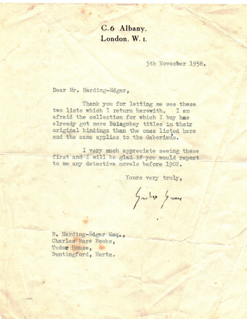 Greene Graham Typed Letter Signed 1958 To His Bookseller About Detec