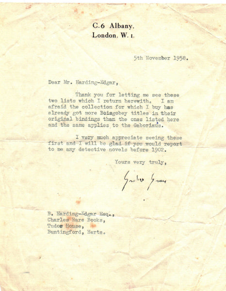 GREENE Graham - Typed Letter Signed 1958 to his bookseller about detec ...