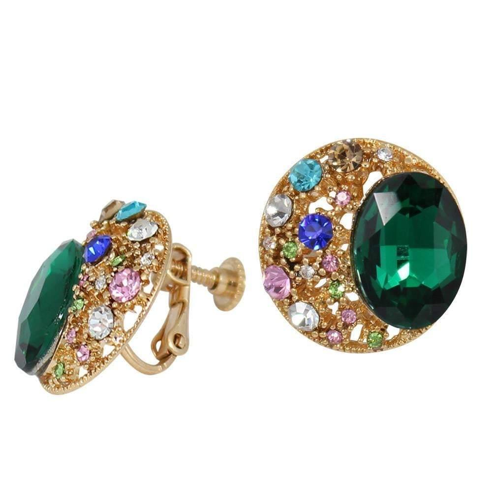 Clip On Green & Gold Jeweled Stud Earrings – Clip On Earrings