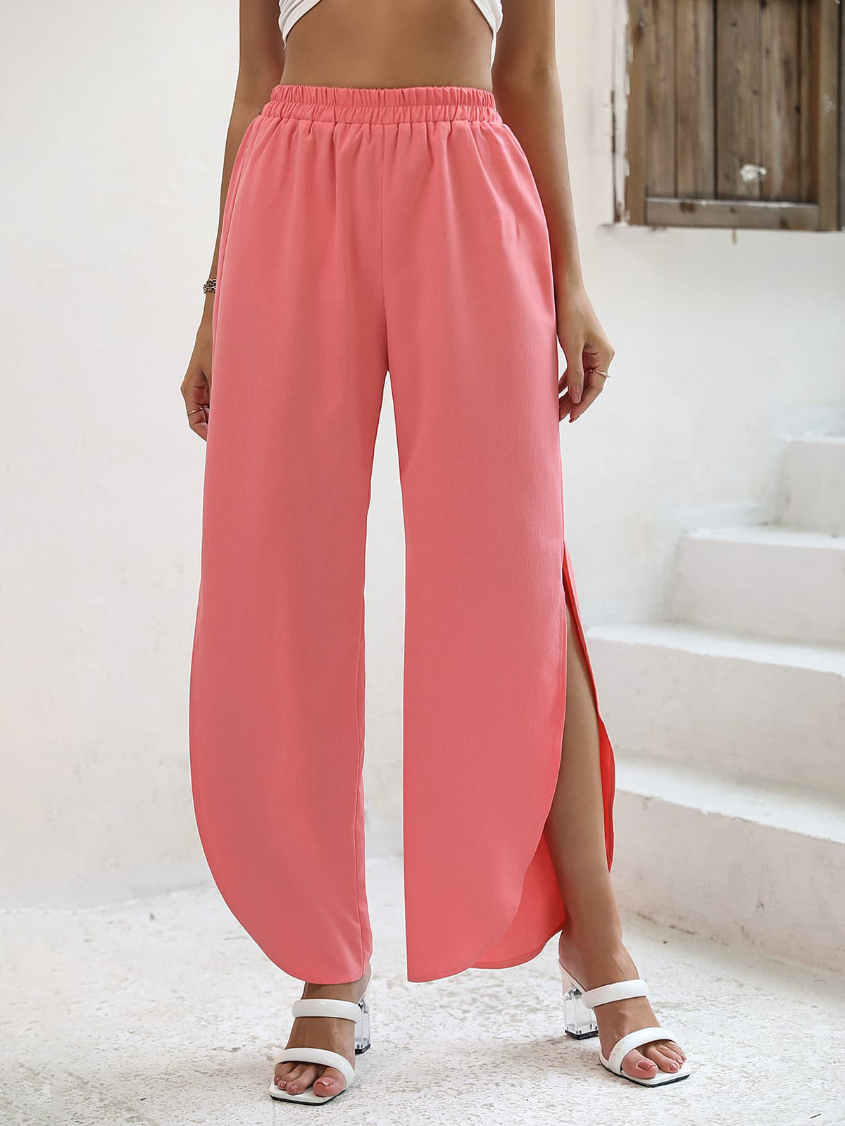 Ditsy Floral Slit Paperbag Waist Wide Leg Pants