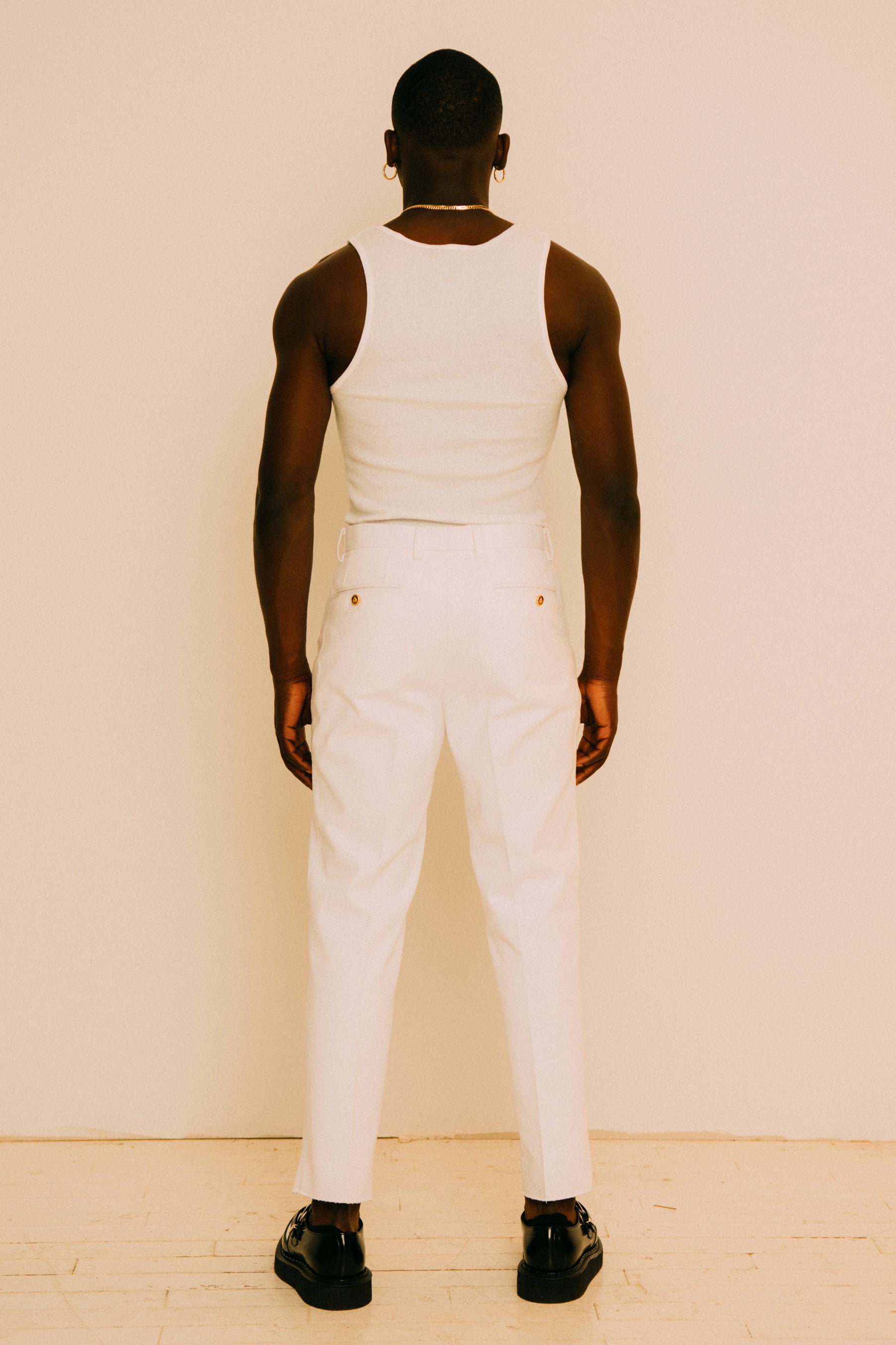 WHITE DENIM SLACKS WITH GOLD BUTTONS