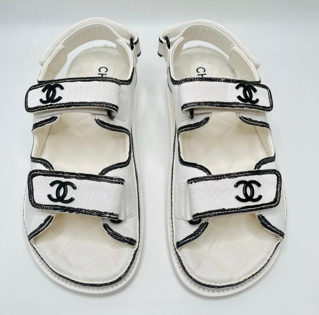 Chanel Dad White Black Print Printed Sandals Shoes – Miami Lux Boutique
