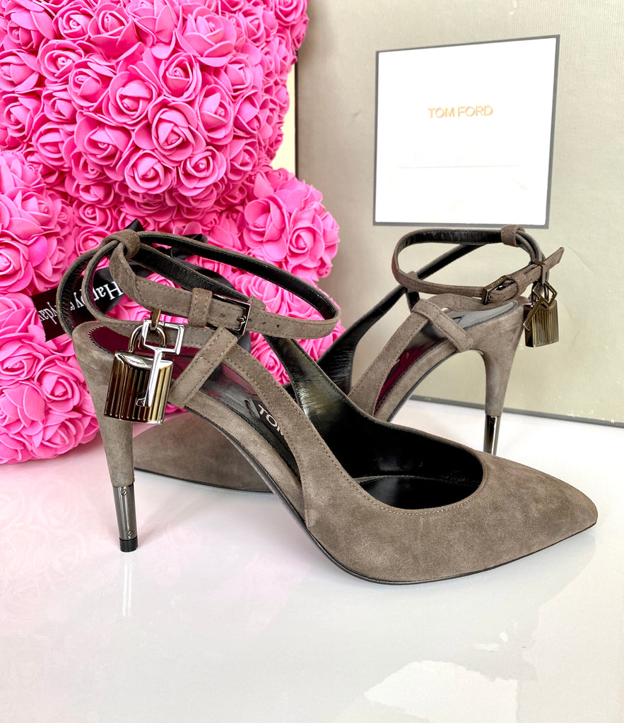 Tom Ford Padlock Ankle Lock 85mm Suede Gray Graphite Pumps Shoes Sling –  Miami Lux Boutique