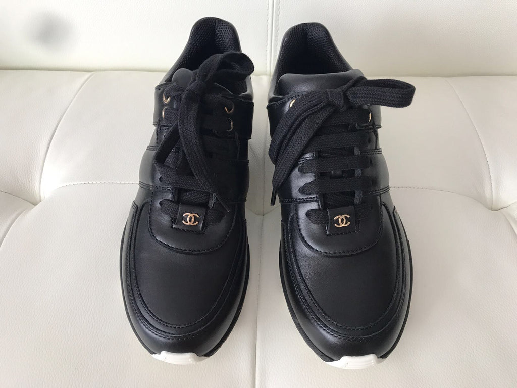 Chanel CC Logo Black Leather Lace Up Tennis Shoes Trainer Sneakers ...