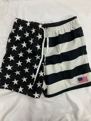 black and white american flag swim trunks