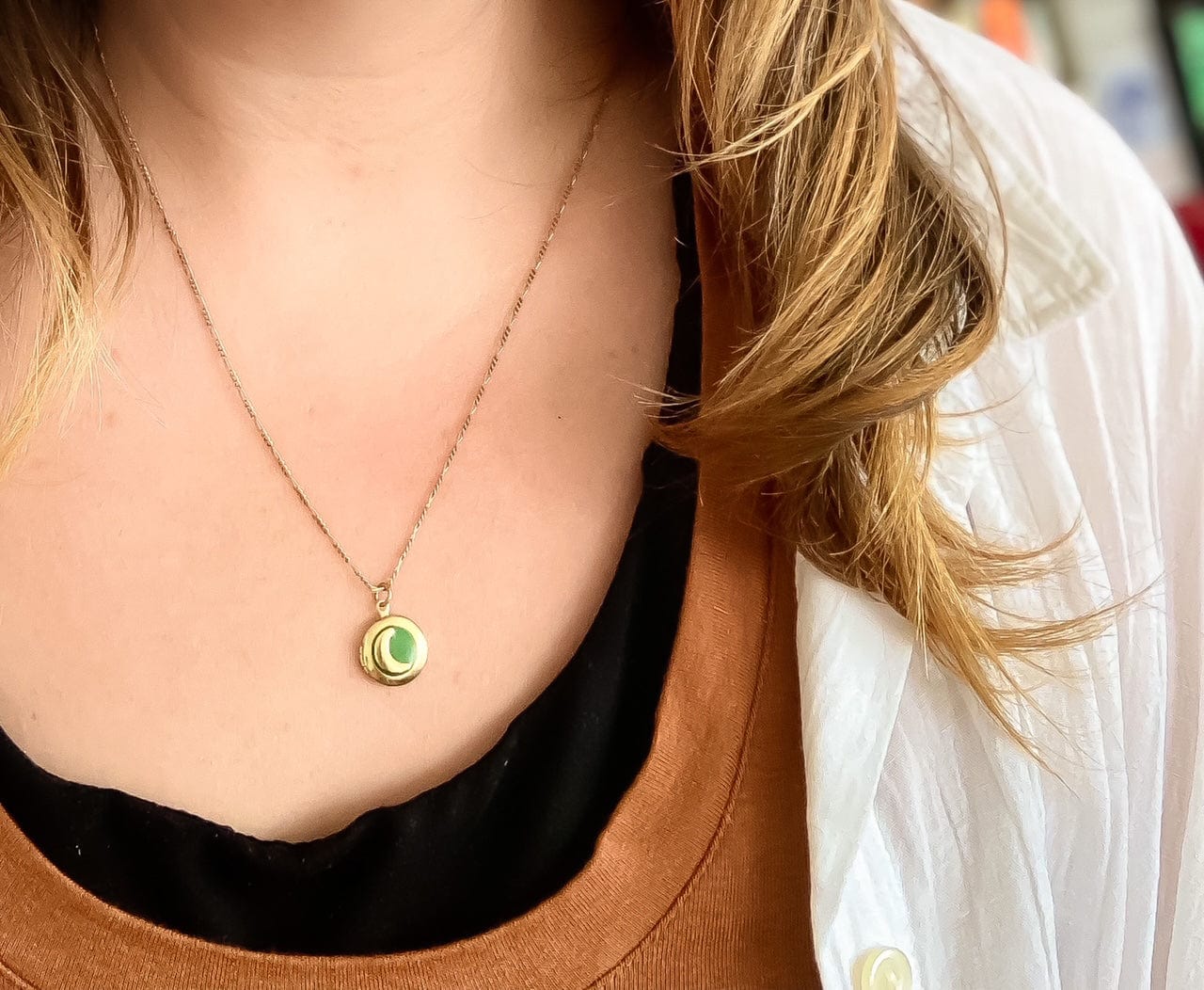 Moon Locket Necklace in Olive Green