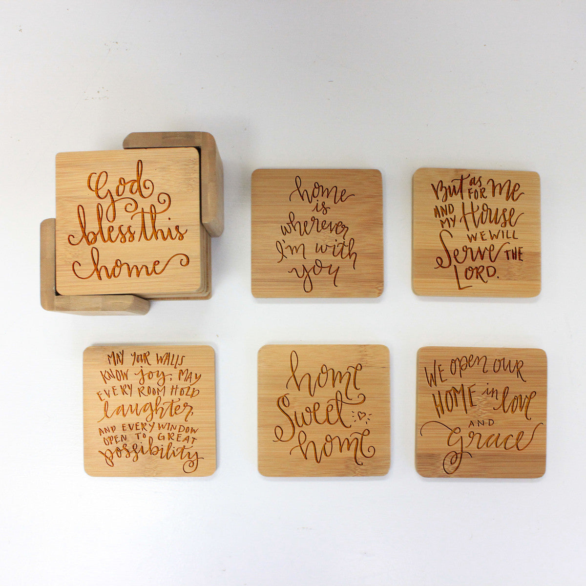 Engraved Bamboo Coaster Set Home Sayings Stamp Out