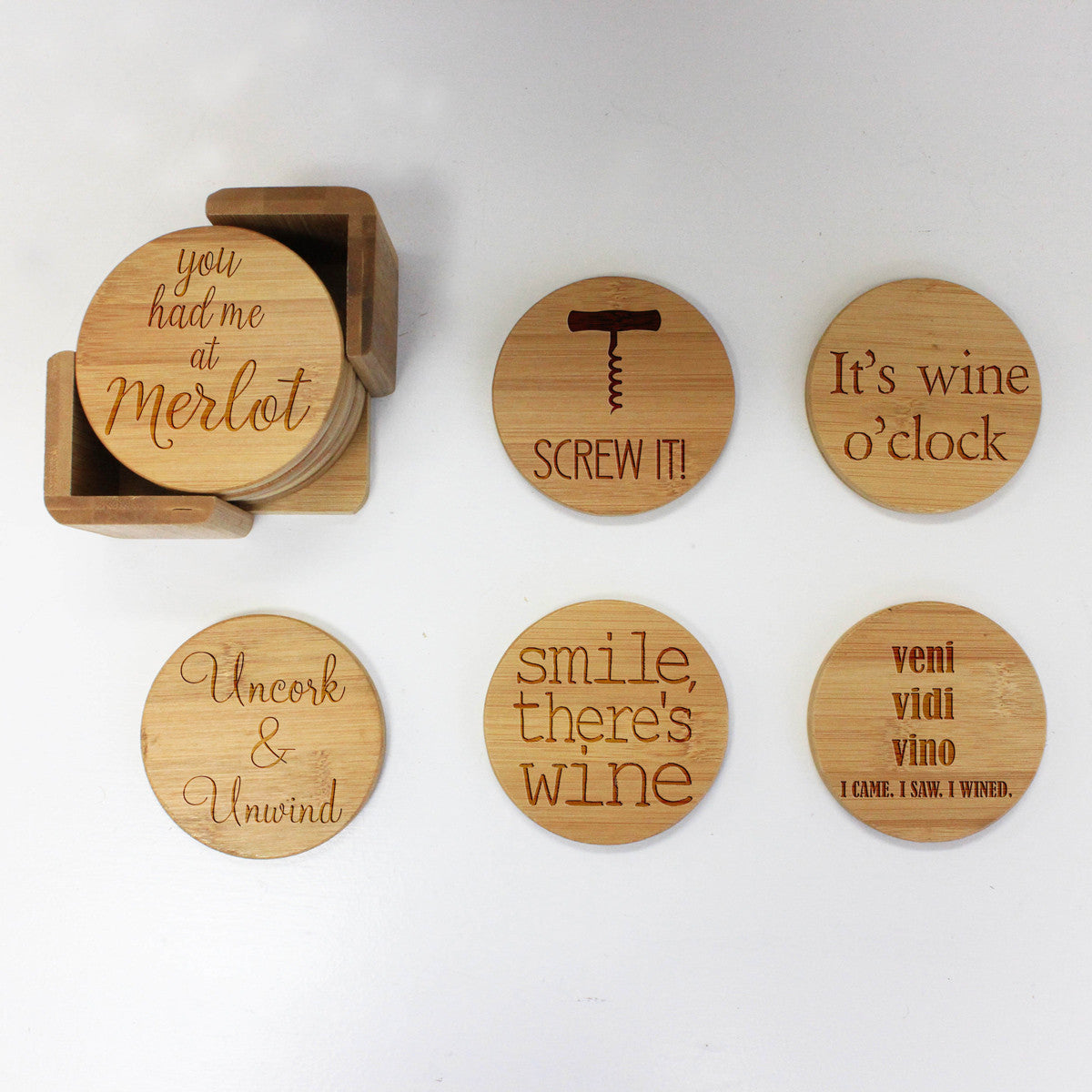 Download Engraved Bamboo Coaster Set "Vino Sayings" - Stamp Out