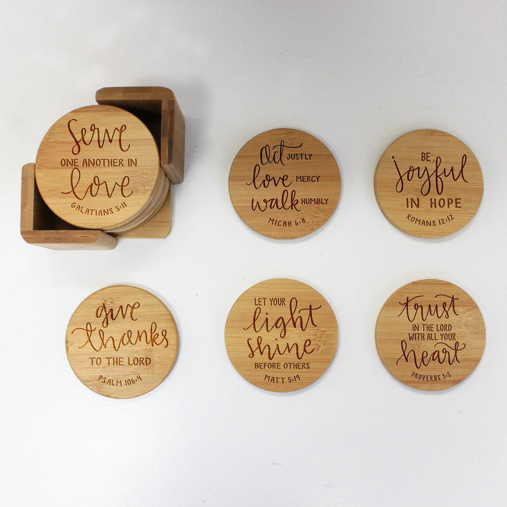 Engraved Bamboo Coaster Set Bible Verse Calligraphy 