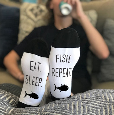 Funny Socks, Bottom of Sock Sayings, Hunt, Fish, Sleep, Repeat – Stamp Out
