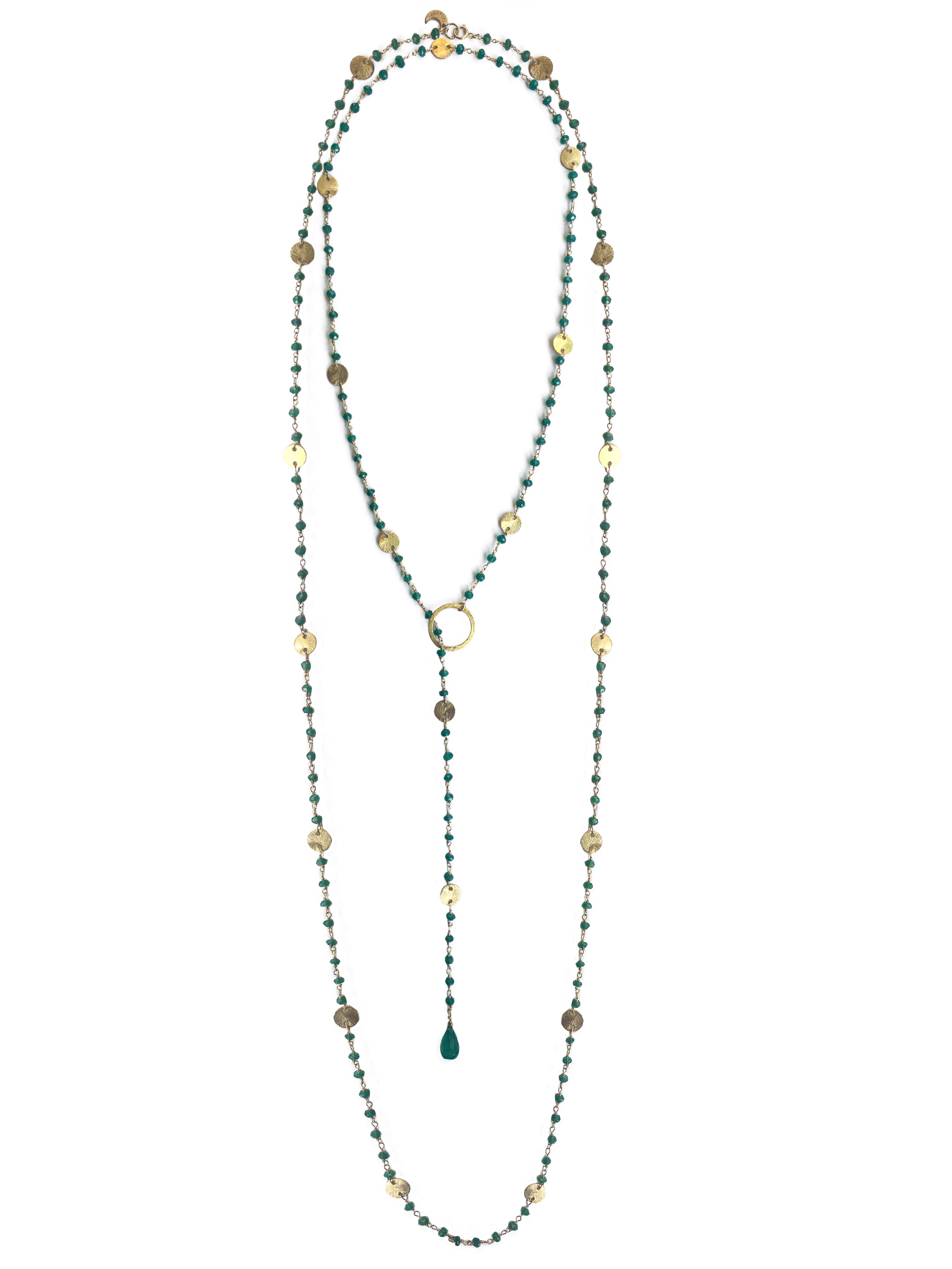 Green Onyx Long Necklace with Gold Discs