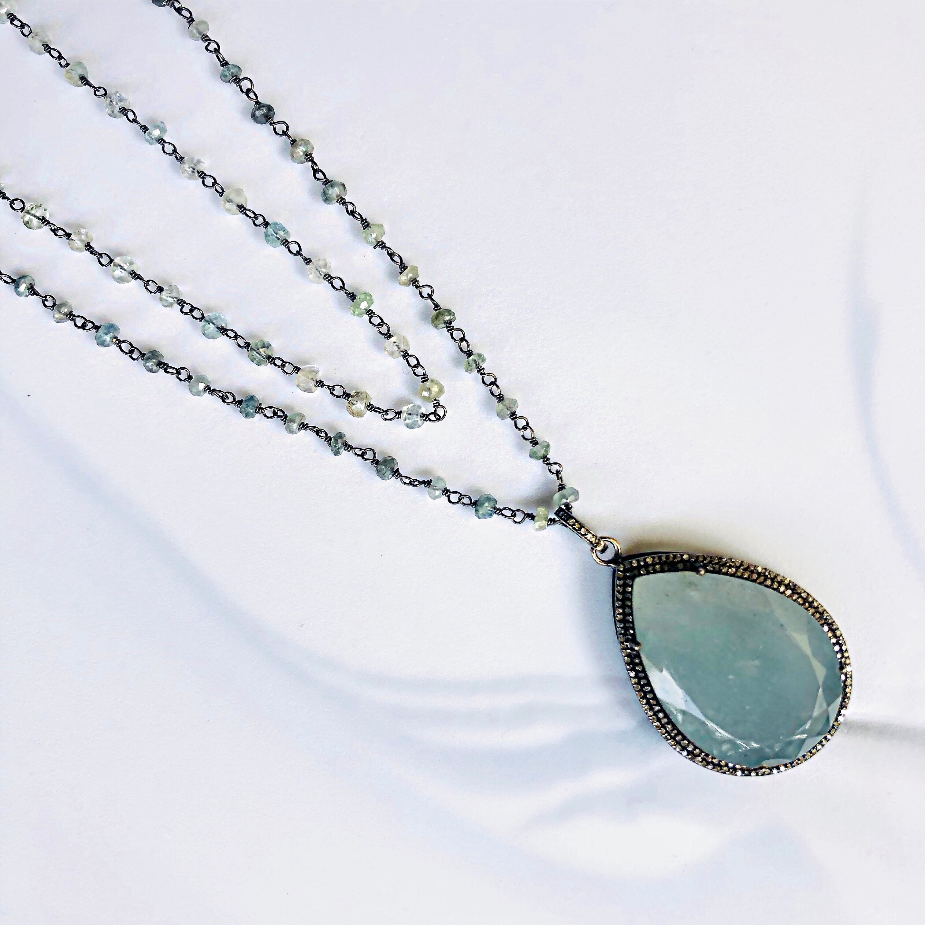 Moss Aquamarine and Double Row Pave Diamond and Diamond Bale Necklace