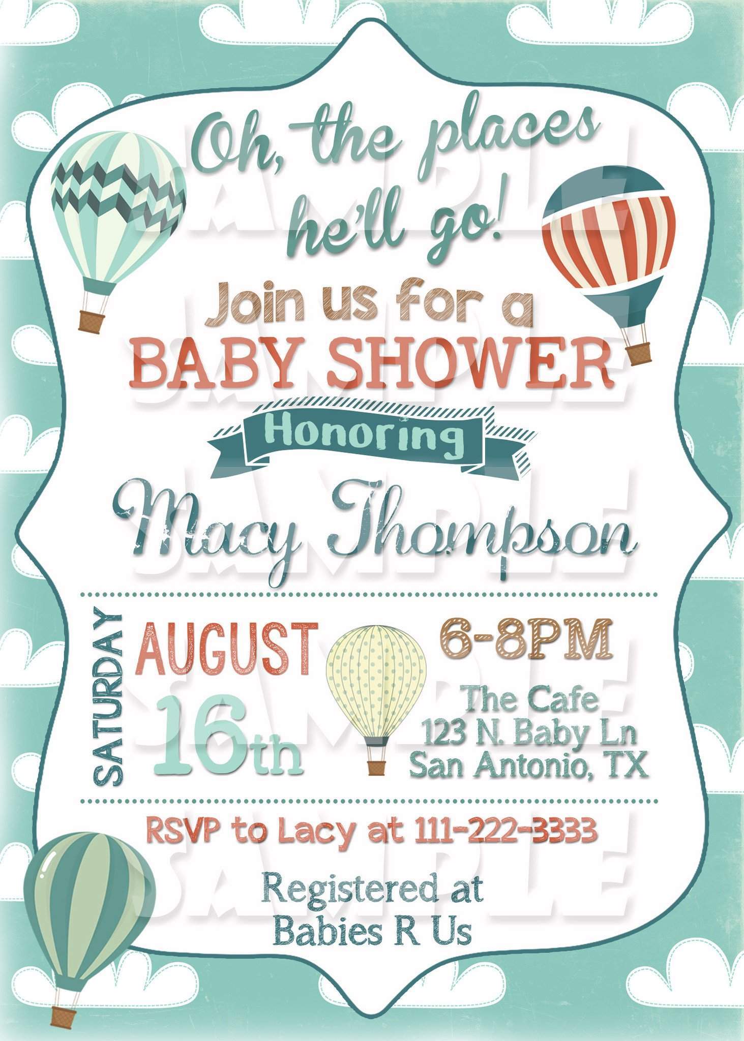 Oh The Places You Will Go Baby Shower Invitation Hot Air Balloon