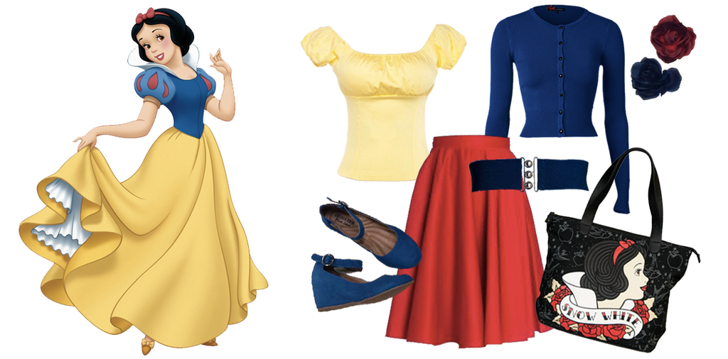Look like Snow White in the Pinup Couture Peasant top Yellow, Hell Bunny Paloma Cardigan Blue, Hell Bunny Paula Skirt, Hell Bunny Retro Belt Blue, Heart of Haute Viva Hair Flower, Chelsea Crew Romina Blue shoes, and Loungefly Snow White Tote