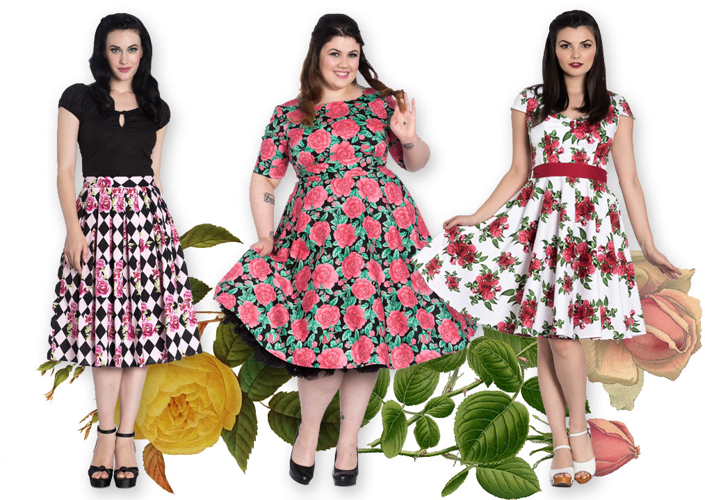 Hell Bunny Harlequin Rose Skirt, Darcy 50s Dress, and Lorene Dress