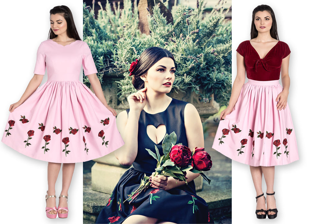 Hell Bunny Rosa Rossa Skirt, 50s Dress, and Mini dress in Pink and Black