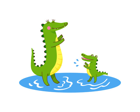 Papa alligator and baby alligator have a bath