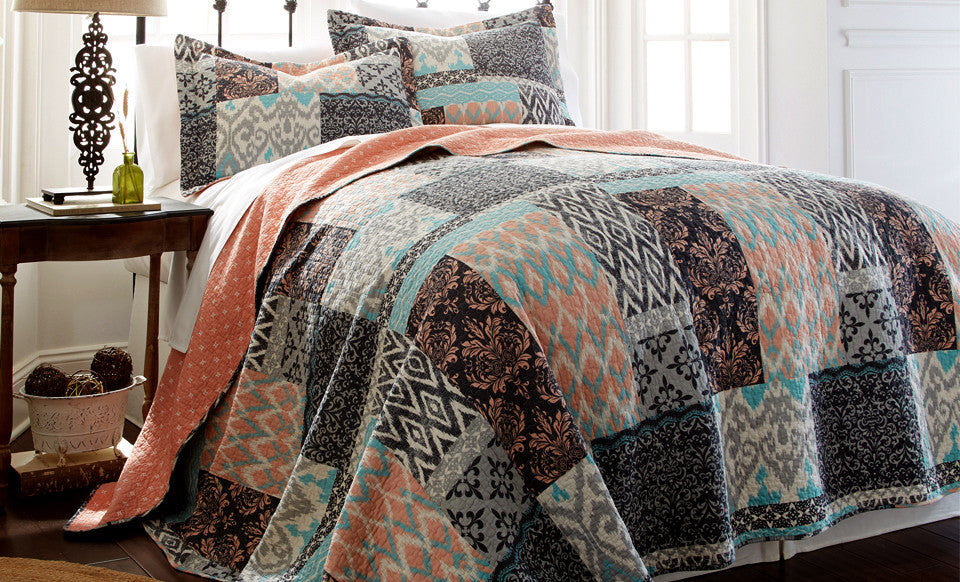 100% Cotton 3 Piece printed reversible quilt Set Sylvia King - Love Your Linens USA - 100 Cotton Quilts King Size