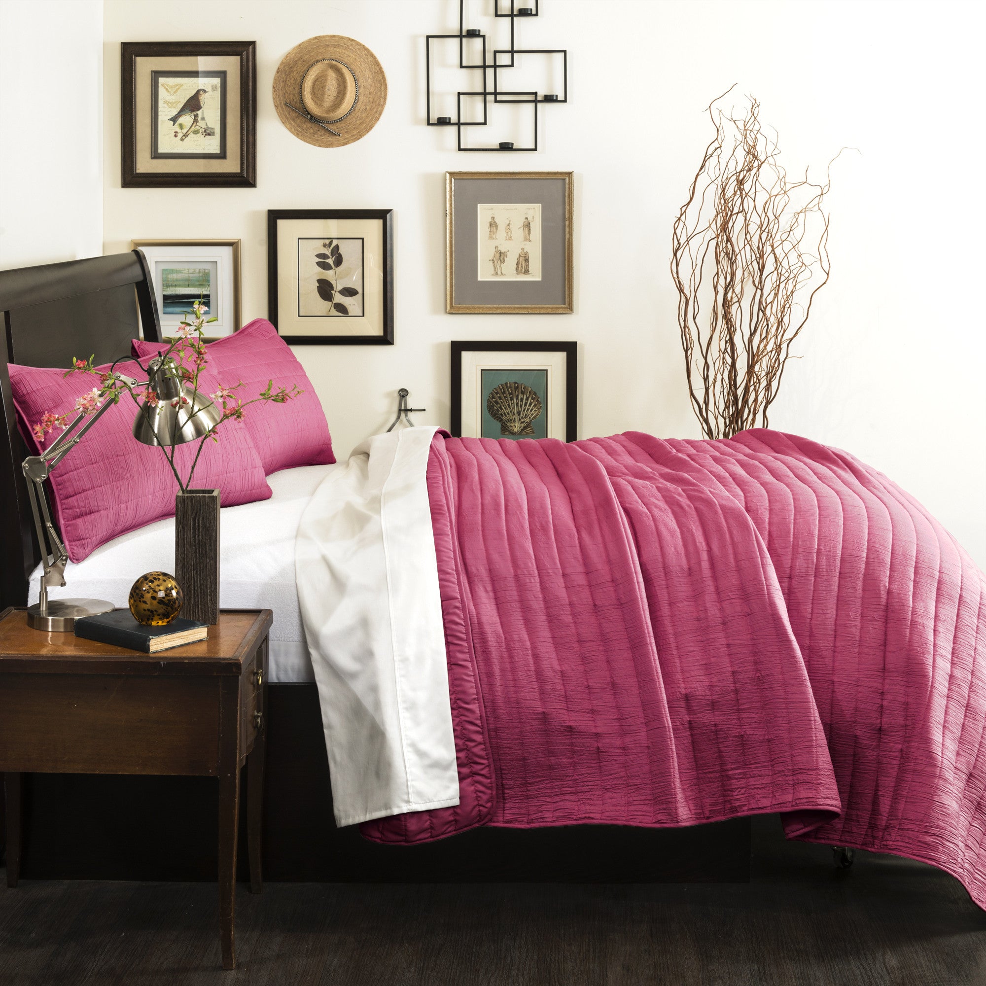 Crinkle Solid 2 Piece Hotpink Reversable Quilt Twin