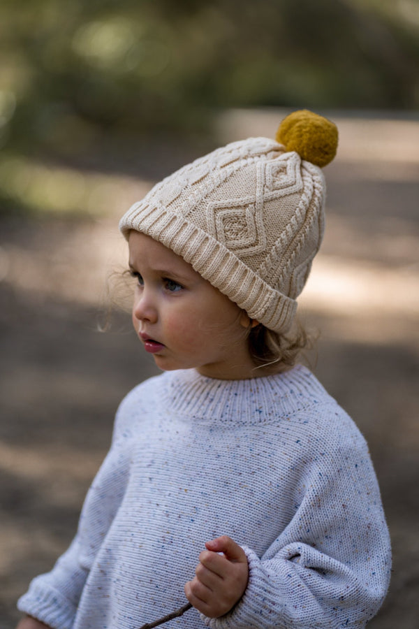 Aran Cable Knit Hat Pom Pom Oatmeal