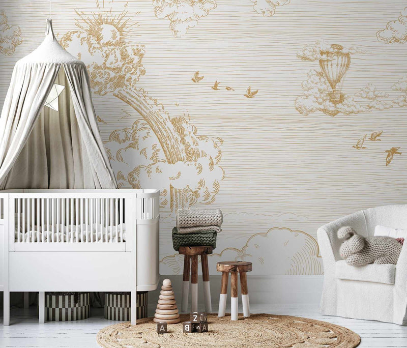 Vintage Sky In Gold Wallpaper Mural-Wallpaper-Buy Kids Removable Wallpaper Online Our Custom Made Childrenâ€™s Wallpapers Are A Fun Way To Decorate And Enhance Boys Bedroom Decor And Girls Bedrooms They Are An Amazing Addition To Your Kids Bedroom Walls Our Collection of Kids Wallpaper Is Sure To Transform Your Kids Rooms Interior Style From Pink Wallpaper To Dinosaur Wallpaper Even Marble Wallpapers For Teen Boys Shop Peel And Stick Wallpaper Online Today With Olive et Oriel