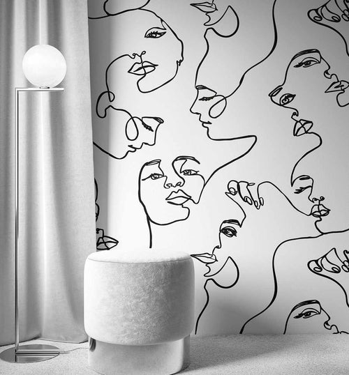 Female Faces Line Art Olive & Beige Removable Wallpaper Mural