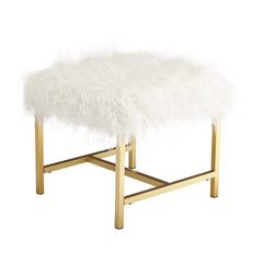 fur stool, fur ottoman, neutral ottomoan