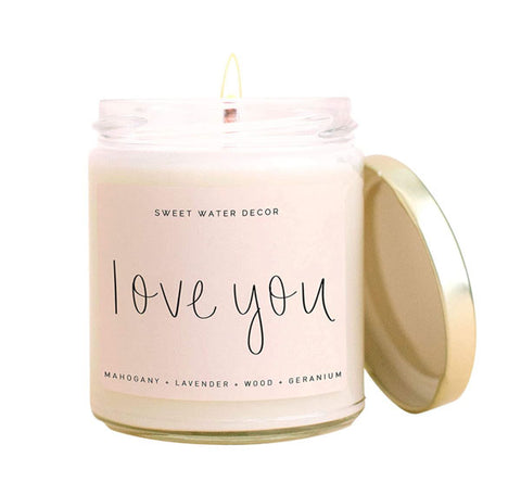 Sweet Water Decor, Love You Candle | Mahogany Teakwood Scented Soy Wax Candle for Home | Valentine's Day Gifts | 9oz Clear Glass Jar, 40 Hour Burn Time