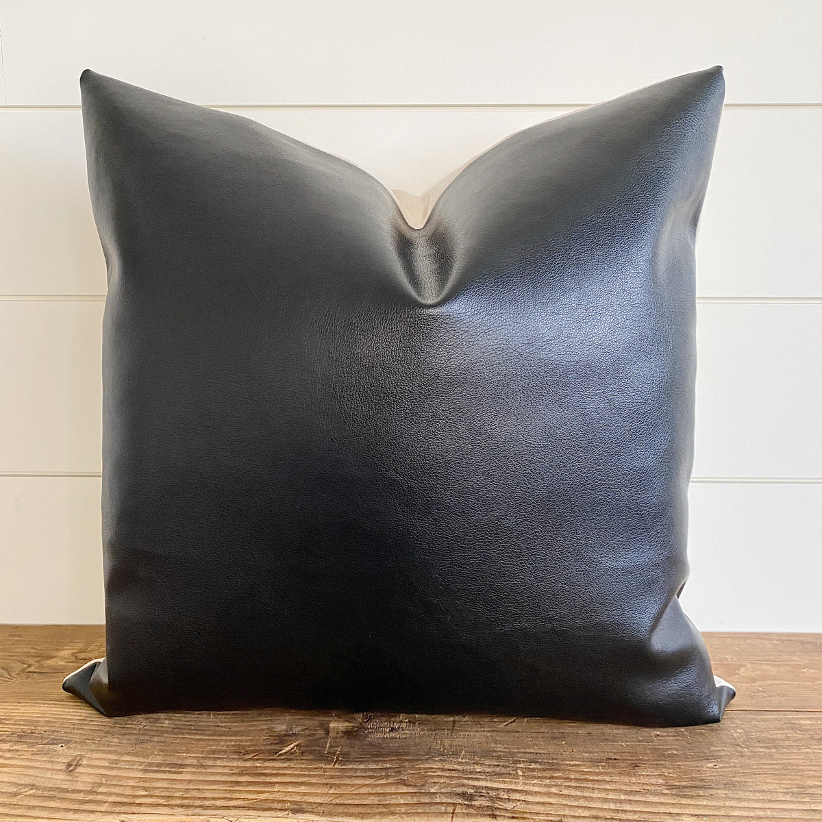 EBONY Black Faux Leather Pillow Cover Linen and Ivory