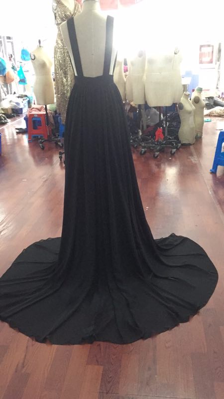 Elegant V Neck Black Backless Prom Dress with Train, Black Backless Formal Dress, Graduation Dress