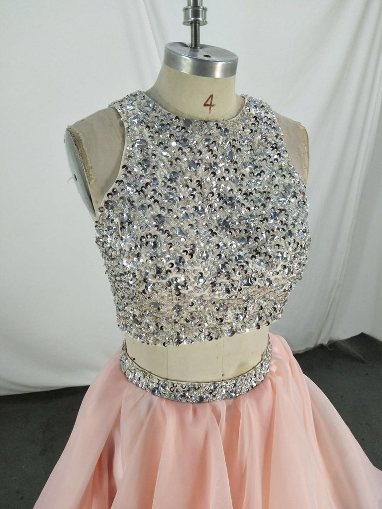 Custom Made A Line Round Neck 2 Pieces Pink Prom Dresses, 2 Pieces Pink Formal Dresses