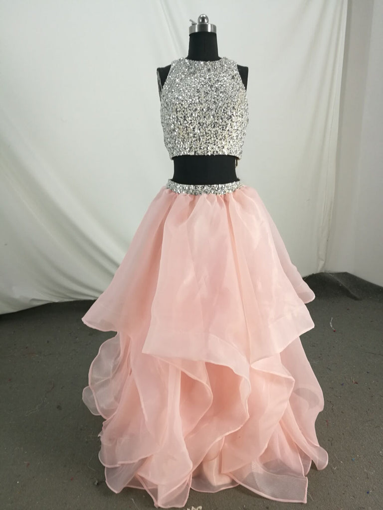 Custom Made A Line Round Neck 2 Pieces Pink Prom Dresses, 2 Pieces Pink Formal Dresses