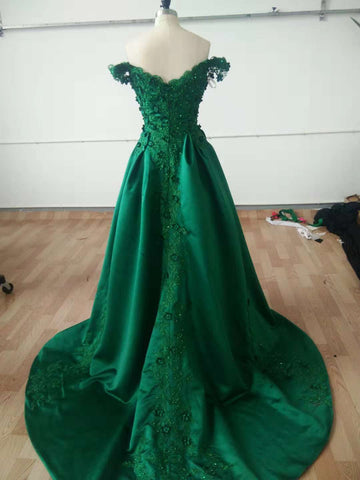 Dark Green Off Shoulder Lace Prom Gown, Off Shoulder Lace Formal Dresses, Green Evening Dresses