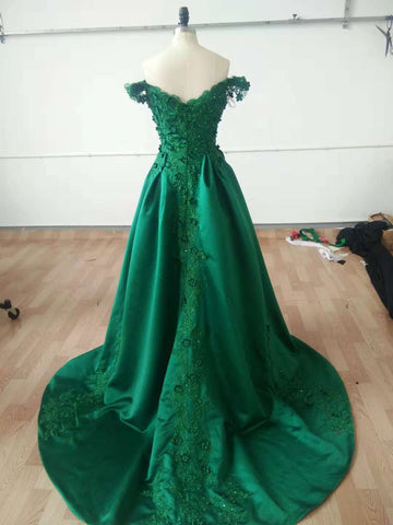 Dark Green Off Shoulder Lace Prom Gown, Off Shoulder Lace Formal Dresses, Green Evening Dresses