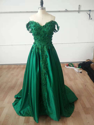 Dark Green Off Shoulder Lace Prom Gown, Off Shoulder Lace Formal Dresses, Green Evening Dresses